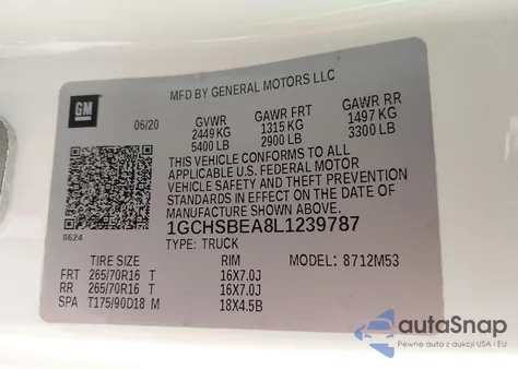 2020 Chevrolet Colorado 2Wd Long Box Wt z USA, uszkodzony, nr VIN 1GCHSBEA8L1239787